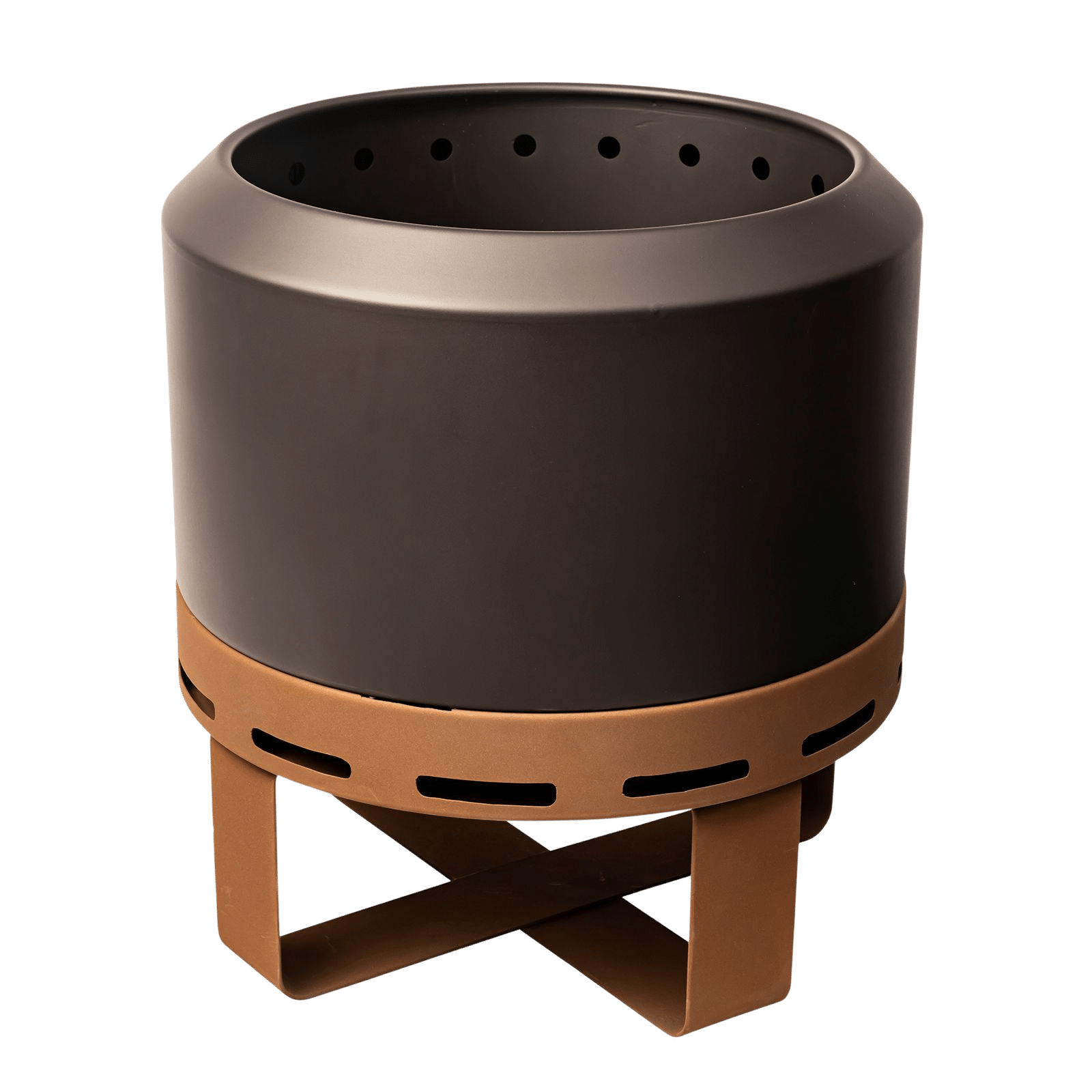 Aurus low-smoke fire pit with matte black dual-wall body and bronze-coloured stand