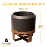 Aurus 600 fire pit dimensions: 60 cm diameter, 57 cm high, 14.7 kg total weight