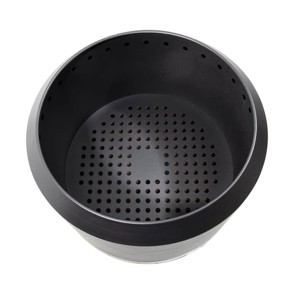 Top view inside an Aurus fire pit showing the perforated dual-wall firebowl