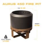 Aurus 450 fire pit dimensions: 45 cm diameter, 48 cm high, 9.4 kg total weight
