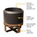 Aurus fire pit features: dual-wall airflow, matte black powder coat, removable ash base, bronze-coloured stand