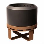 Aurus 450 low-smoke fire pit with matte black body and bronze-coloured stand